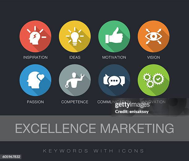excellence marketing keywords with icons - business strategy concept stock illustrations