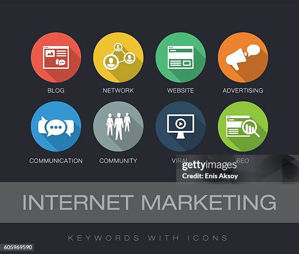 internet marketing keywords mit symbolen - marketing digital stock-grafiken, -clipart, -cartoons und -symbole