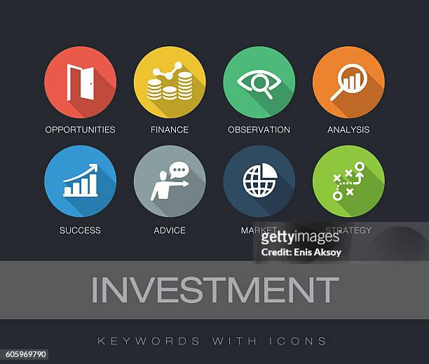 illustrations, cliparts, dessins animés et icônes de mots-clés d’investissement avec icônes - opportunity stock