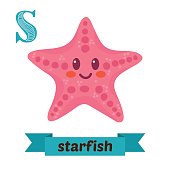 Starfish. S letter. Cute children animal alphabet in vector
