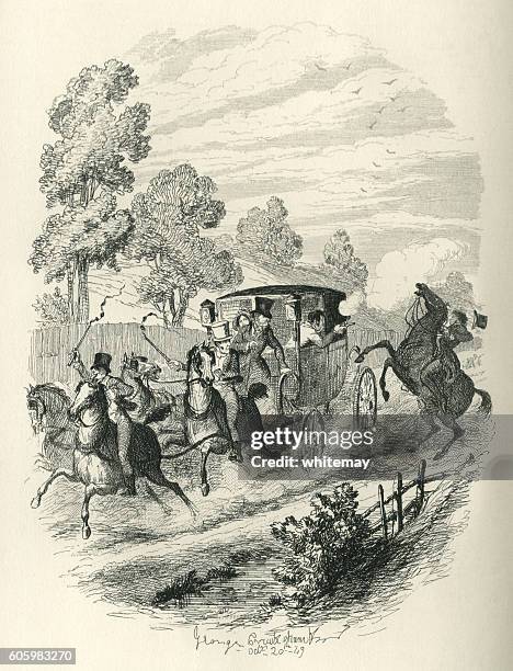 victorian couple fleeing in a coach - highwayman stock illustrations