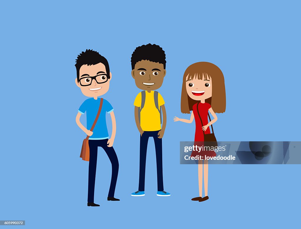 Three Cute Cartoon Students Talking Two Boys And A Girl High-Res Vector  Graphic - Getty Images