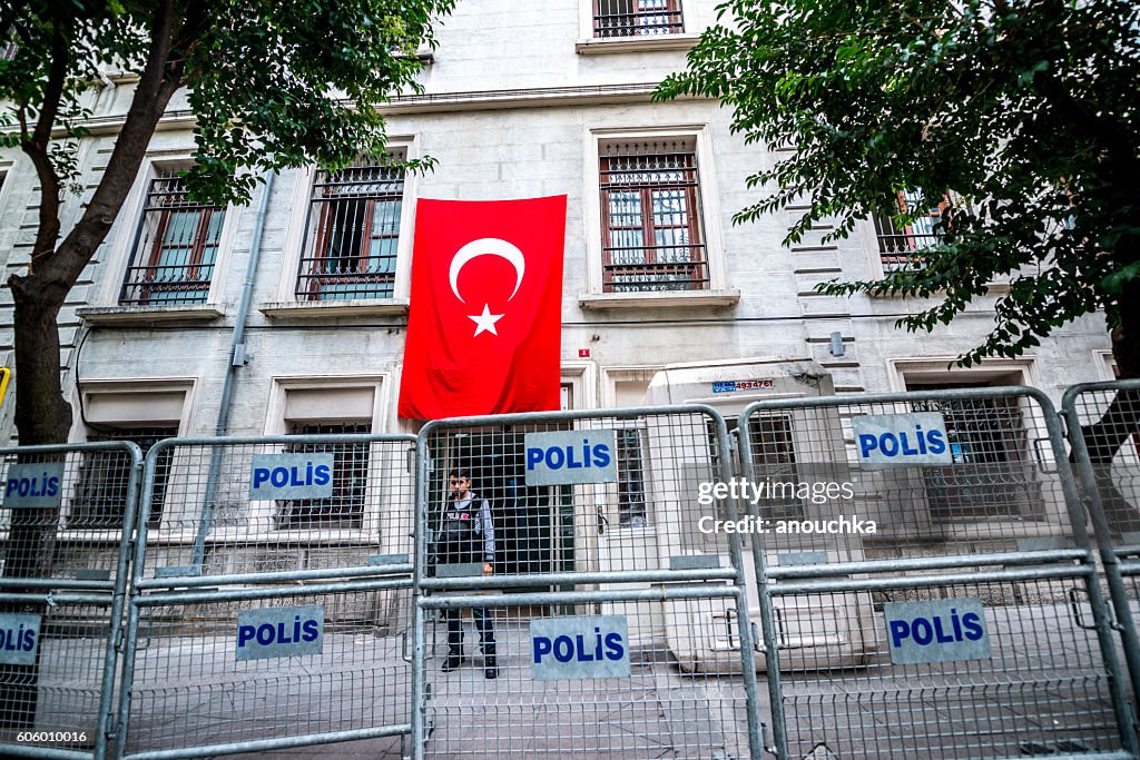 Administrative building behind police fence, Istanbul, Turkey