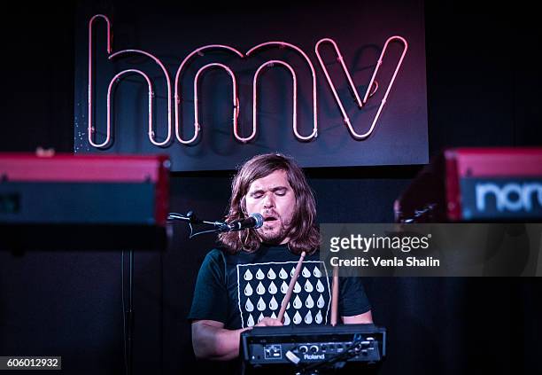 Chris Wood of Bastille performs as Bastille meets fans and perform songs from their new album 'Wild World' at HMV Oxford Street on September 14, 2016...