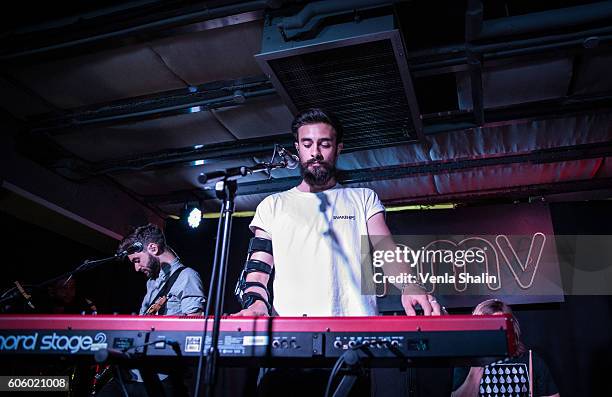 Kyle Simmons of Bastille performs as Bastille meets fans and perform songs from their new album 'Wild World' at HMV Oxford Street on September 14,...