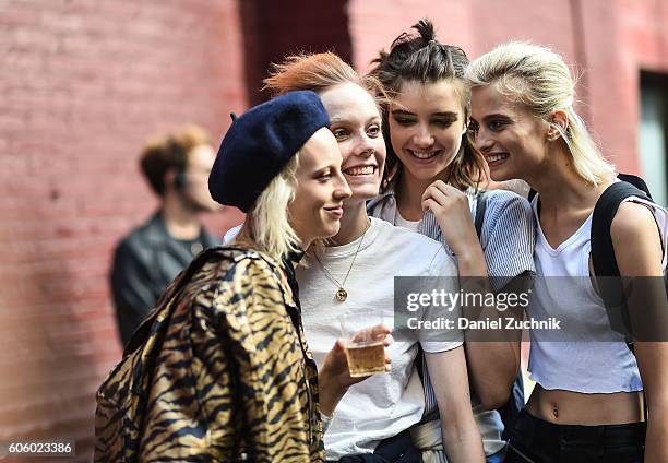 Models are seen outside the Marc Jacobs show during New York Fashion Week Spring 2017 on September 15, 2016 in New York City.