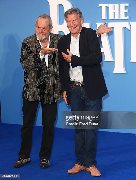 Terry Gillian and Michael Palin arrive for the World premiere of "The Beatles: Eight Days A Week - The Touring Years" at Odeon Leicester Square on...