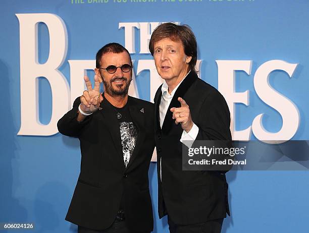 Ringo Starr and Sir Paul McCartney arrive for the World premiere of "The Beatles: Eight Days A Week - The Touring Years" at Odeon Leicester Square on...