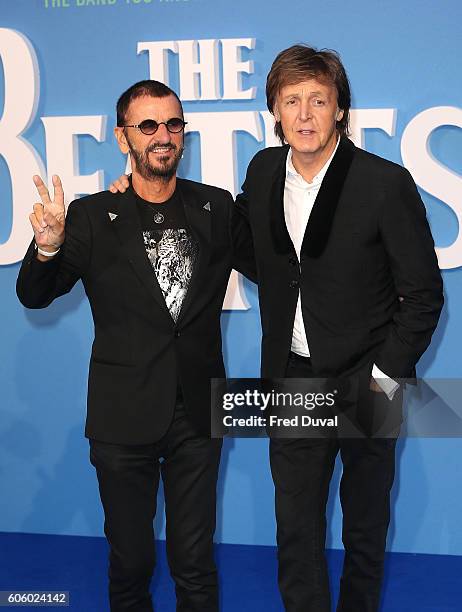 Ringo Starr and Sir Paul McCartney arrive for the World premiere of "The Beatles: Eight Days A Week - The Touring Years" at Odeon Leicester Square on...