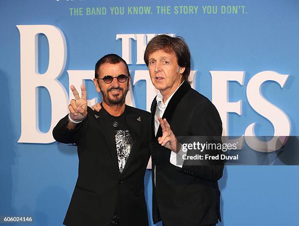 Ringo Starr and Sir Paul McCartney arrive for the World premiere of "The Beatles: Eight Days A Week - The Touring Years" at Odeon Leicester Square on...