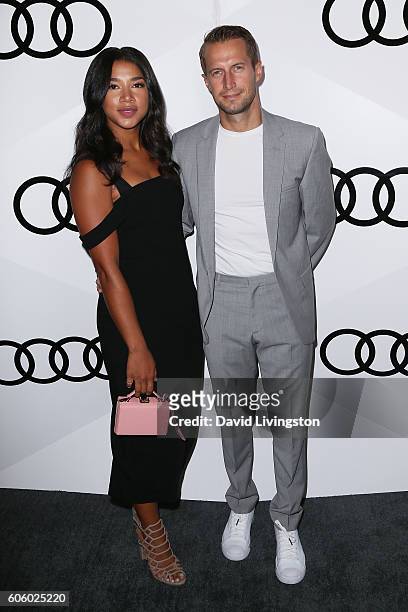 DJs Hannah Bronfman and Brendan Fallis arrive at Audi Celebrates The 68th Emmys at Catch on September 15, 2016 in West Hollywood, California.