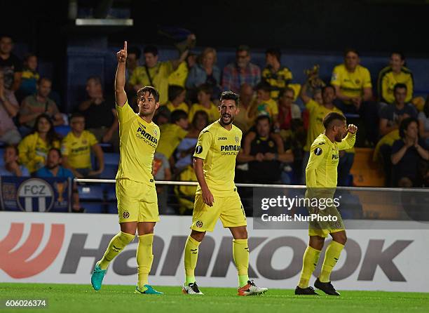 Alexandre Pato celebrates the first goal for his team during the UEFA Europa League match at Estadio El Madrigal, Villarreal on september 15, 2016.