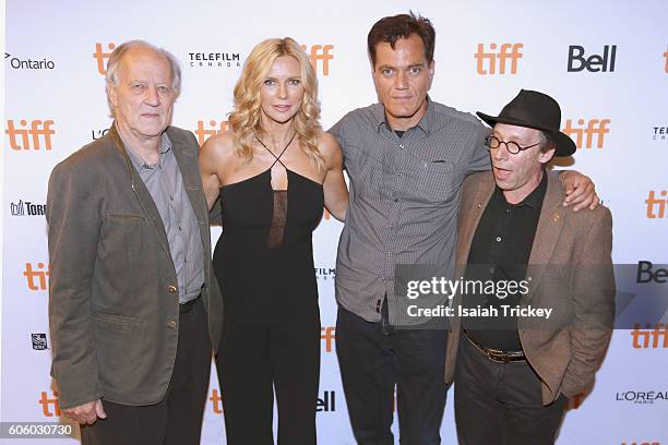 Actors Werner Herzog, Veronica Ferres, Michael Shannon, and Lawrence Krauss attend the 'Salt and Fire' premiere during the 2016 Toronto International...