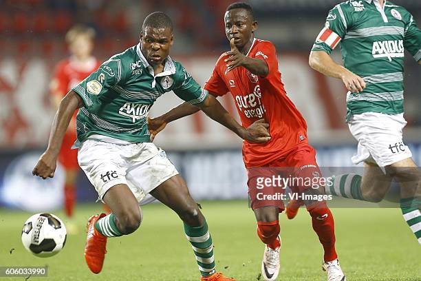 Denzel Dumfries, Yaw Yeboah during the Dutch Eredivisie match between FC Twente and Sparta Rotterdam at the Grolsch Veste on August 27, 2016 in...