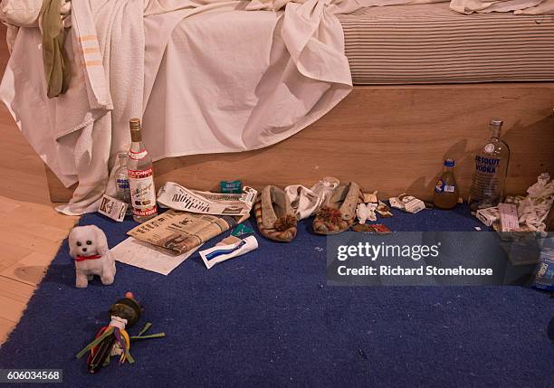 Detail of the collection of objects surrounding Tracey Emin's "My Bed" on September 16, 2016 in Liverpool, England. Tracey Emin's "My Bed" is...