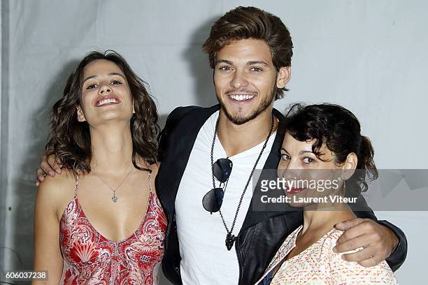 Actress Lucie Lucas, Actor Rayane Bensetti and Actress Cecile Rebboah attend the 'Coup de Foudre a Jaipur' Photocall during the 18th Festival of TV...