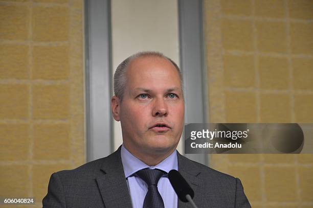 Swedish Minister for Justice and Migration, Morgon Johansson speaks to media related to Denmark's refugee policy, in Stockholm, Sweden on September...