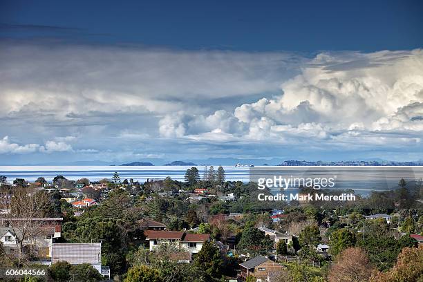 view of weather and clouds over the hauraki gulf from torbay - north shore city stock pictures, royalty-free photos & images