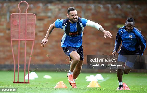 Marcin Wasilewski with Ahmed Musa during the Leicester City training session at Belvoir Drive Training Complex on September 16 , 2016 in Leicester,...