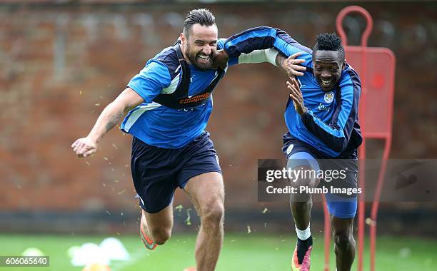 Marcin Wasilewski with Ahmed Musa during the Leicester City training session at Belvoir Drive Training Complex on September 16 , 2016 in Leicester,...