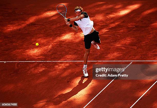 Jan-Lennard Struff of Germany hits a backhand during his match against Kamil Majchrzak of Poland during the 1st rubber of the Davis Cup Playoff...