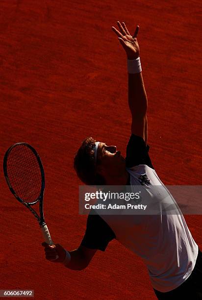 Jan-Lennard Struff of Germany serves during his match against Kamil Majchrzak of Poland during the 1st rubber of the Davis Cup Playoff between...