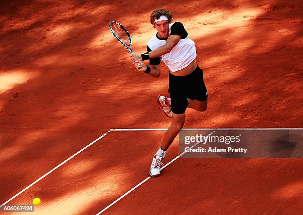 Jan-Lennard Struff of Germany hits a backhand during his match against Kamil Majchrzak of Poland during the 1st rubber of the Davis Cup Playoff...