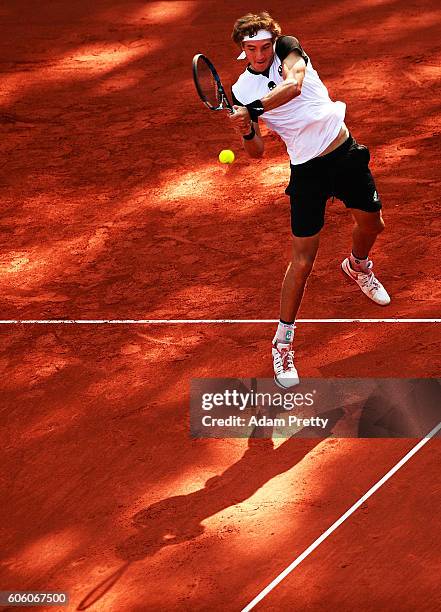 Jan-Lennard Struff of Germany hits a backhand during his match against Kamil Majchrzak of Poland during the 1st rubber of the Davis Cup Playoff...