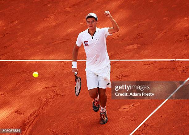 Kamil Majchrzak of Poland celebrates a winning a point during his match against Jan-Lennard Struff of Germany during the 1st rubber of the Davis Cup...