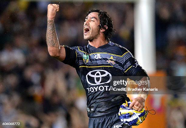 Johnathan Thurston of the Cowboys celebrates victory after the first NRL semi final between North Queensland Cowboys and Brisbane Brisbane at...