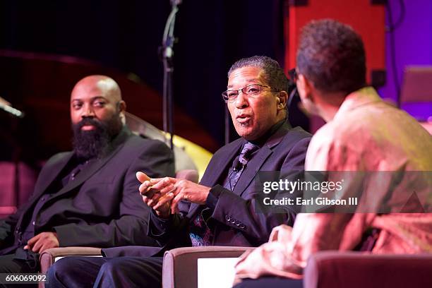 Jazz musician Allyn Johnson and jazz drummer Nasar Abadey attend the 31st Anniversary Celebration Jazz Concert at Walter E. Washington Convention...