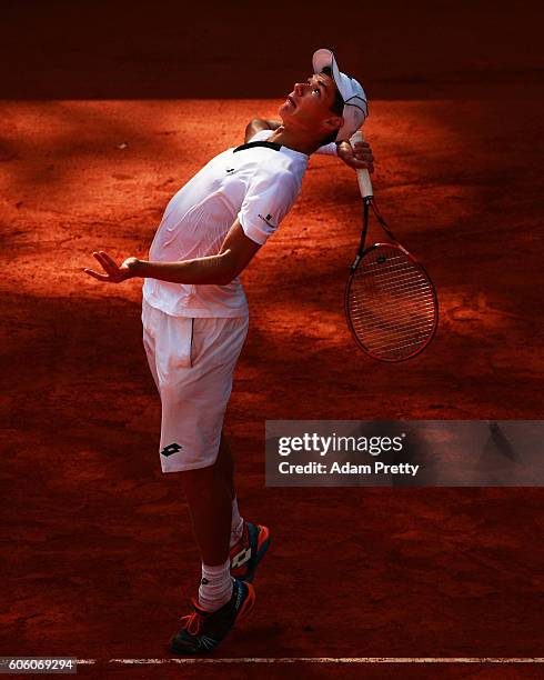 Kamil Majchrzak of Poland serves during his match against Jan-Lennard Struff of Germany during the 1st rubber of the Davis Cup Playoff between...