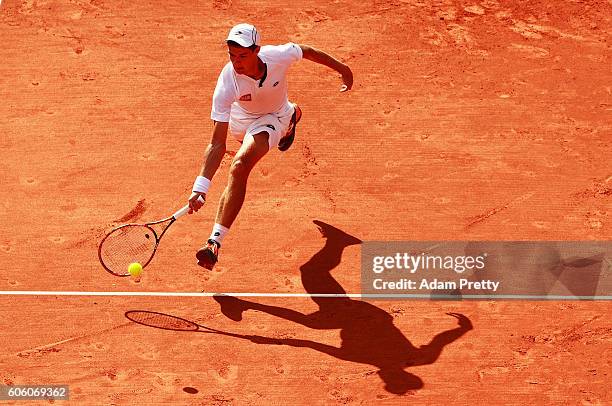 Kamil Majchrzak of Poland lunges for a forehand during his match against Jan-Lennard Struff of Germany during the 1st rubber of the Davis Cup Playoff...