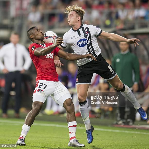 Fred Friday of AZ Alkmaar, John Mountney of Dundalk FC during the UEFA Europa League group D match between AZ Alkmaar and Dundalk FC on September 15,...