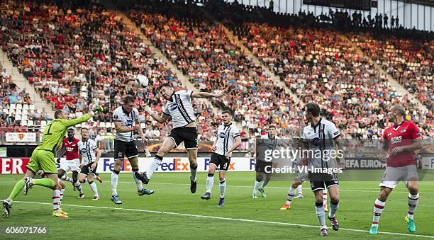 Goalkeeper Gary Rogers of Dundalk FC, Derrick Luckassen of AZ Alkmaar, Dane Massey of Dundalk FC, David McMillan of Dundalk FC, Brian Gartland of...