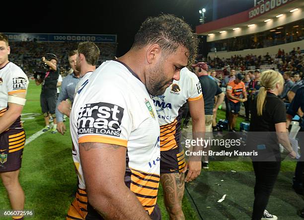 Sam Thaiday of the Broncos looks dejected after his team loses the first NRL semi final between North Queensland Cowboys and Brisbane Brisbane at...