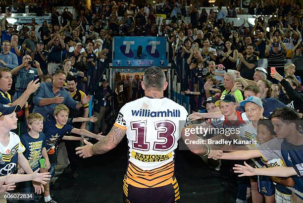 Corey Parker of the Broncos leaves the field after playing his last NRL match after the first NRL semi final between North Queensland Cowboys and...