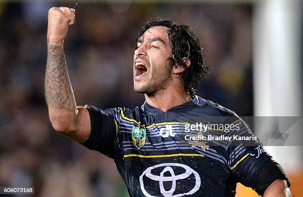 Johnathan Thurston of the Cowboys celebrates victory after the first NRL semi final between North Queensland Cowboys and Brisbane Brisbane at...