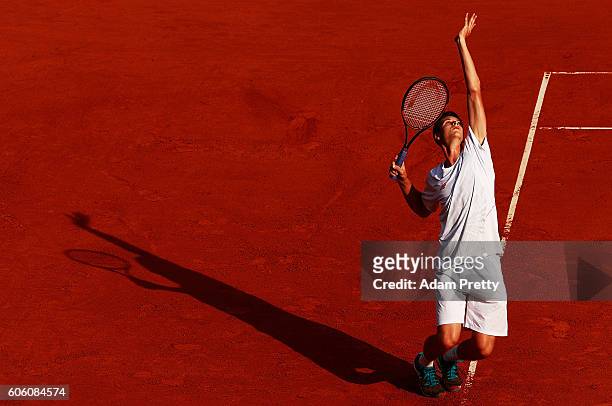 Hubert Hurkacz of Poland serves during his match against Florian Mayer of Germany during the 2nd rubber of the Davis Cup Playoff between Germany and...