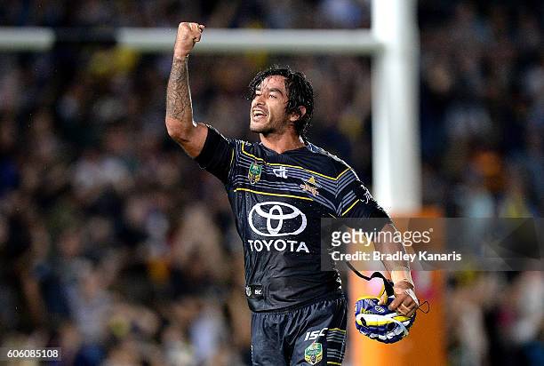 Johnathan Thurston of the Cowboys celebrates victory after the first NRL semi final between North Queensland Cowboys and Brisbane Brisbane at...