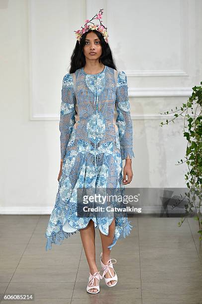 Model walks the runway at the Bora Aksu Spring Summer 2017 fashion show during London Fashion Week on September 16, 2016 in London, United Kingdom.