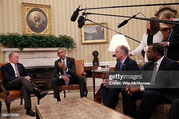 President Barack Obama meets with business, government, and national security leaders in the Oval Office of the White House September 16, 2016 in...