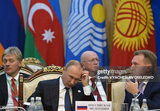 Russian President Vladimir Putin attends a Commonwealth of Independent States leaders summit at the Ala-Archa state residence in Bishkek on September...