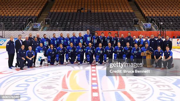 Team Europe takes time for a team photo at practice during the World Cup of Hockey 2016 at Air Canada Centre on September 16, 2016 in Toronto,...