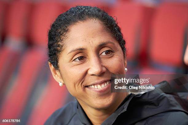 Head coach Steffi Jones of Germany ahead of the UEFA Women's Euro 2017 Qualifier between Russia and Germany at Arena Khimki on September 16, 2016 in...