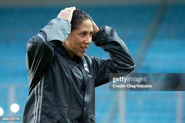 Head coach Steffi Jones of Germany ahead of the UEFA Women's Euro 2017 Qualifier between Russia and Germany at Arena Khimki on September 16, 2016 in...
