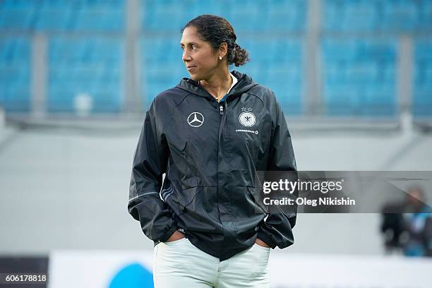 Head coach Steffi Jones of Germany ahead of the UEFA Women's Euro 2017 Qualifier between Russia and Germany at Arena Khimki on September 16, 2016 in...