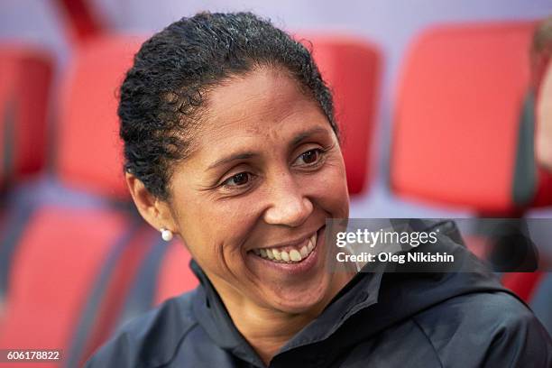 Head coach Steffi Jones of Germany ahead of the UEFA Women's Euro 2017 Qualifier between Russia and Germany at Arena Khimki on September 16, 2016 in...