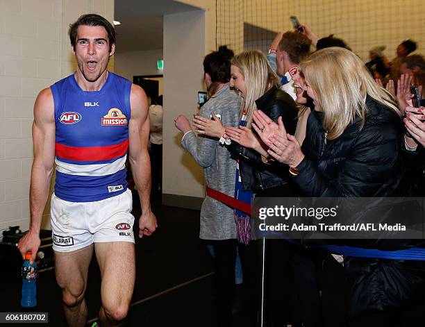 Easton Wood of the Bulldogs celebrates during the 2016 AFL Second Semi Final match between the Hawthorn Hawks and the Western Bulldogs at the...