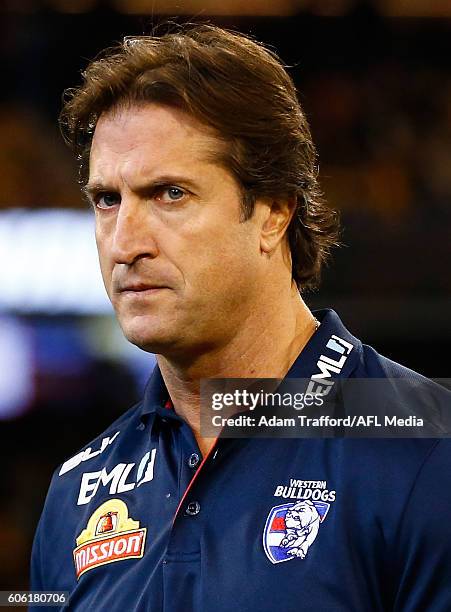 Luke Beveridge, Senior Coach of the Bulldogs looks on during the 2016 AFL Second Semi Final match between the Hawthorn Hawks and the Western Bulldogs...